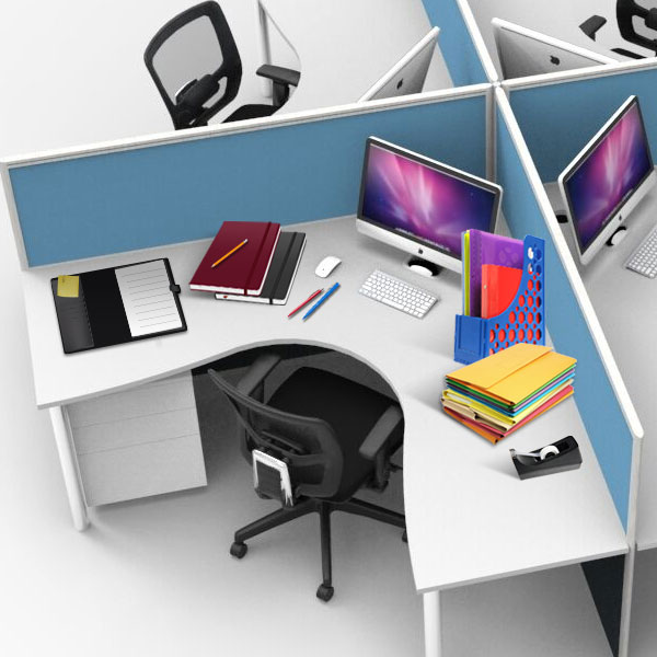 modular office desks with desk accessories and office chairs